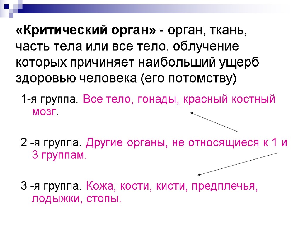 «Критический орган» - орган, ткань, часть тела или все тело, облучение которых причиняет наибольший